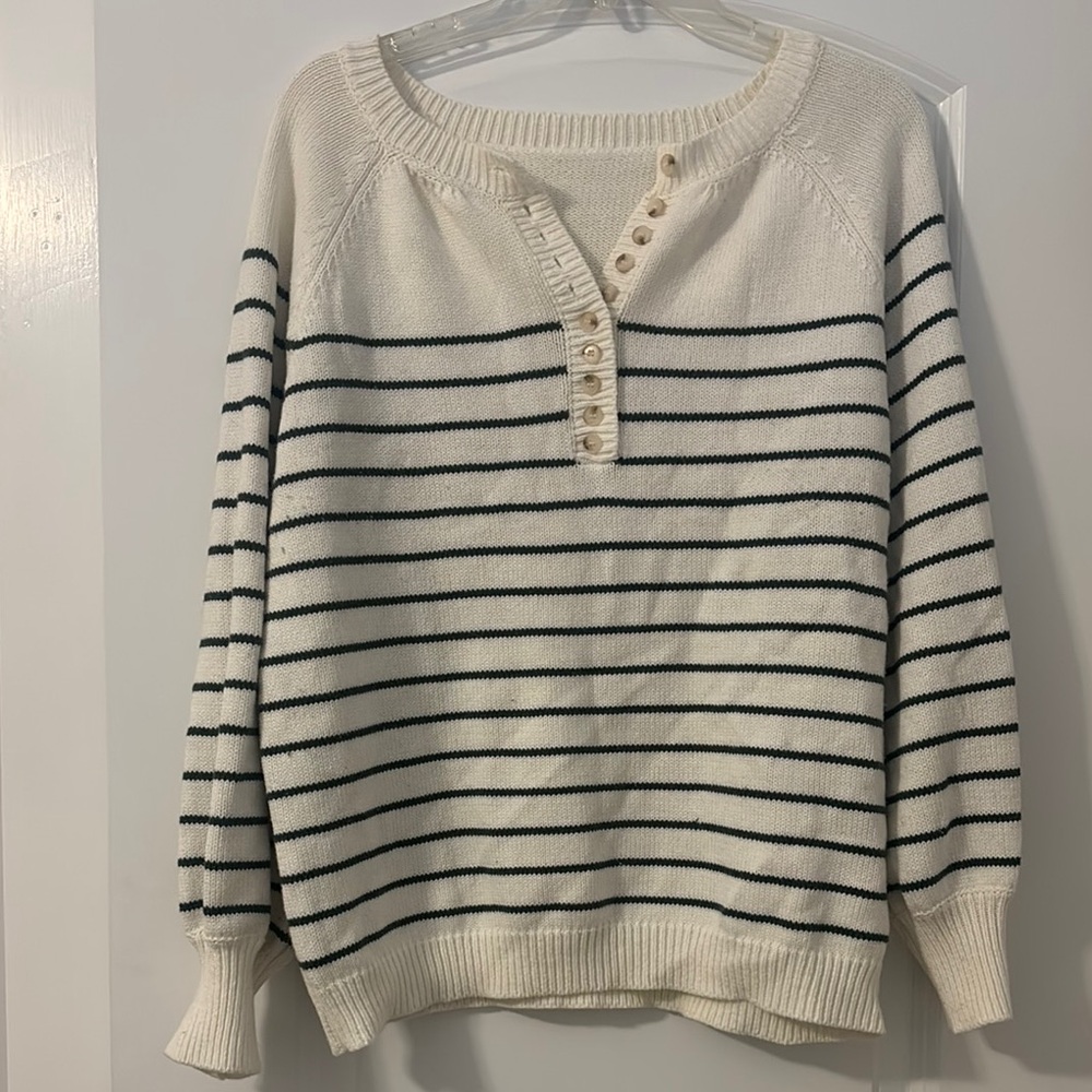 Cream and Dark green Crew Neck Sweater with Nautical Stripes